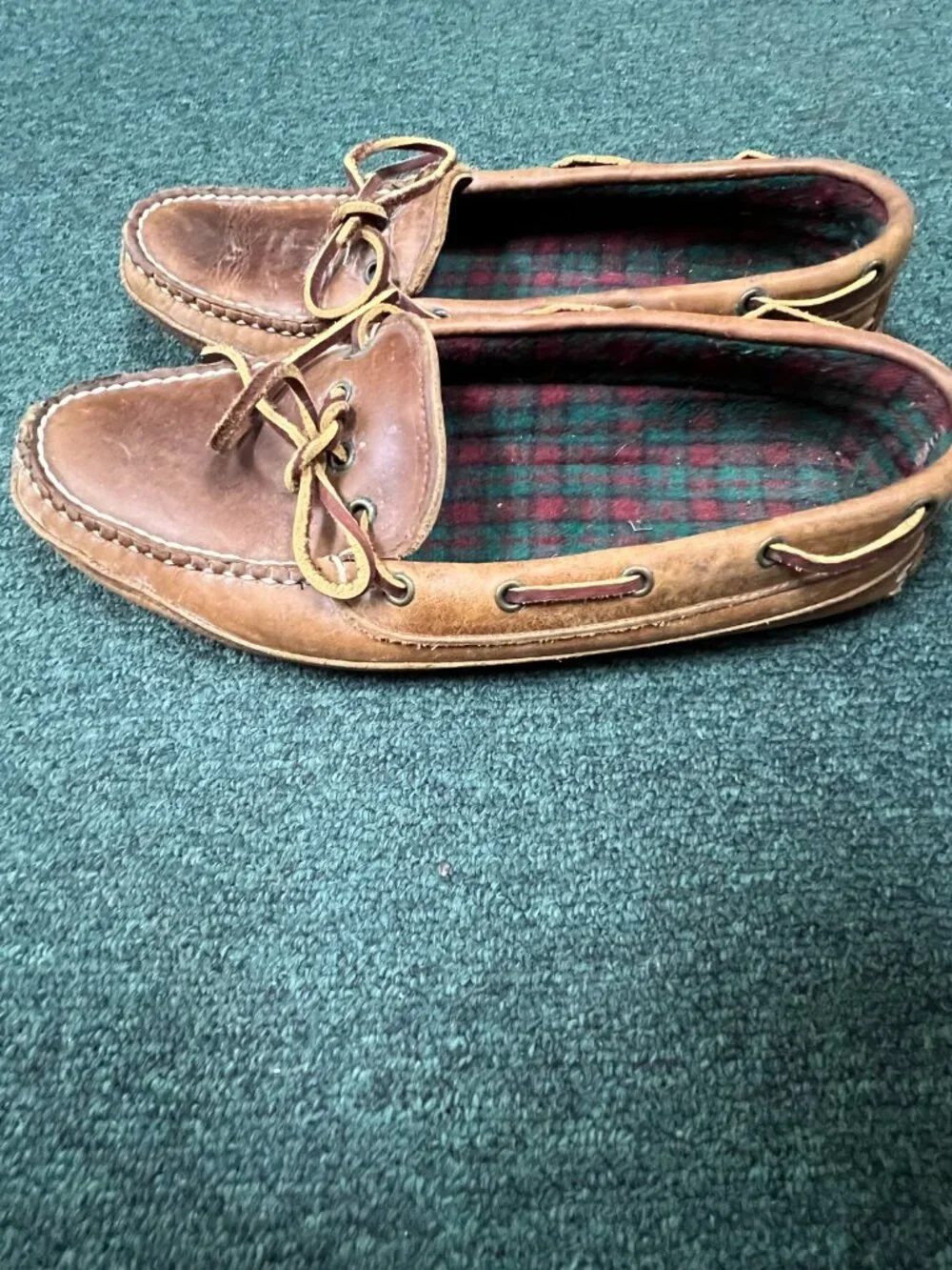 Brown Genuine Leather Boat Shoes Deck Loafers Moc Toe Plaid Lined Vtg handmade